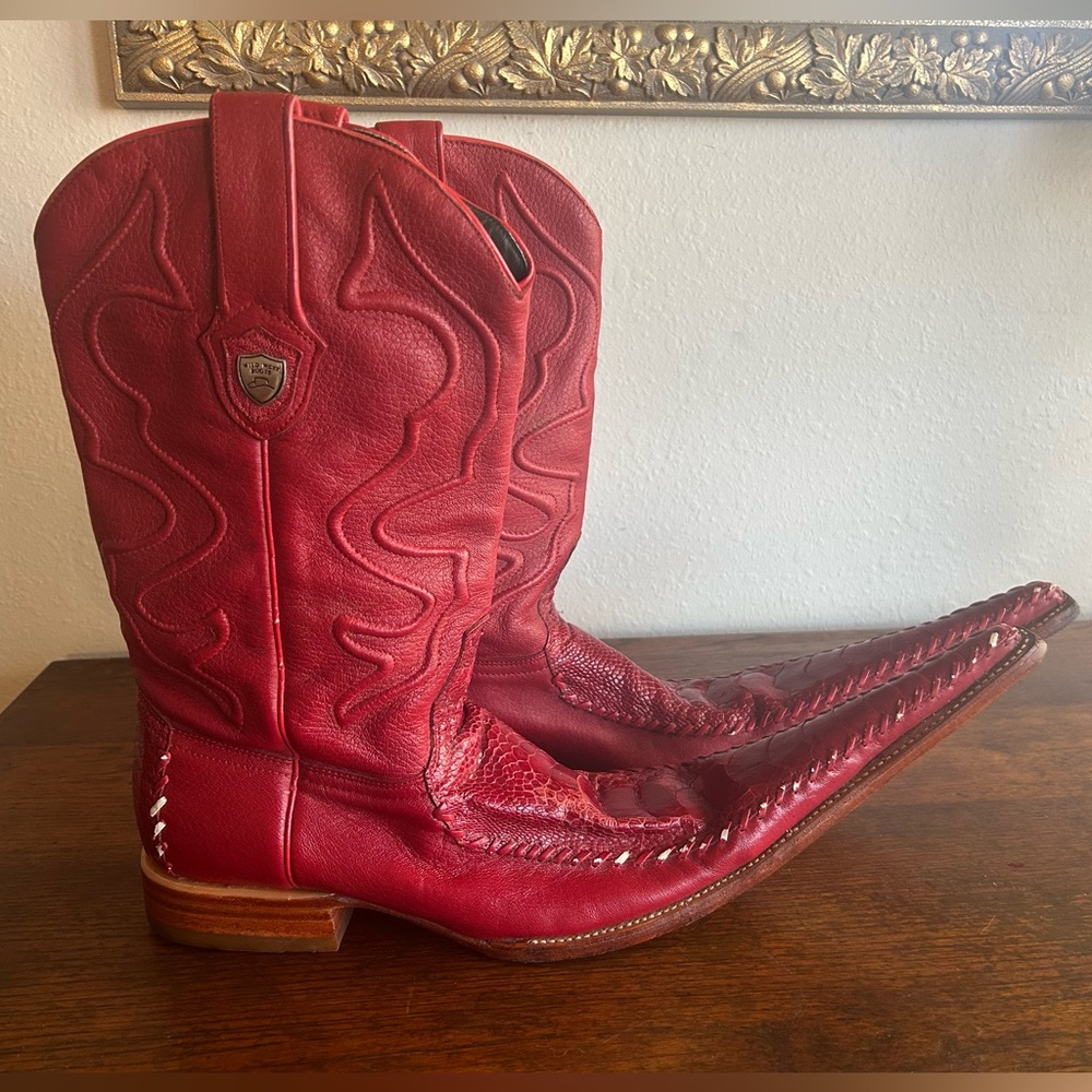 Vintage Rare Exotic Wild West Handmade Pointed Red Ostrich Skin Boots Men’s 9